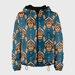 Куртка с капюшоном женская Узбекская имитация ткани икат - синий орнамент, цвет: 3D-черный
