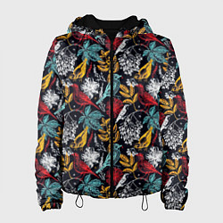 Куртка с капюшоном женская Разноцветные лесные птицы, цвет: 3D-черный