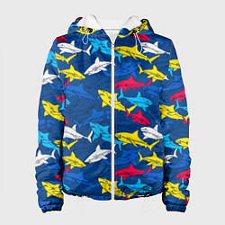 Куртка с капюшоном женская Разноцветные акулы на глубине, цвет: 3D-белый