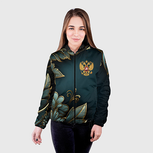 Женская куртка Золотые листья и герб России / 3D-Черный – фото 4