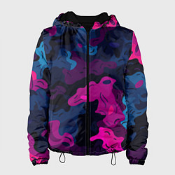 Куртка с капюшоном женская Синий и фиолетовый абстрактный камуфляж, цвет: 3D-черный