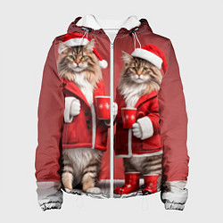 Куртка с капюшоном женская С новым котом - два кота в костюмах Санты, цвет: 3D-белый