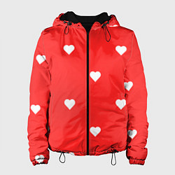 Куртка с капюшоном женская Белые сердца на красном фоне, цвет: 3D-черный