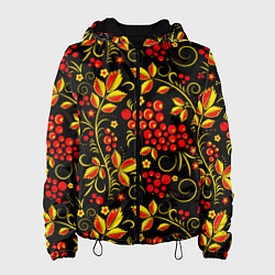Куртка с капюшоном женская Хохломская роспись золотистые листья чёрном фоне, цвет: 3D-черный