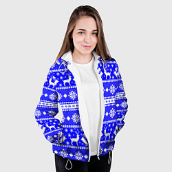 Куртка с капюшоном женская Новый год ели и олени на синем фоне, цвет: 3D-белый — фото 2