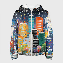 Куртка с капюшоном женская Новогодний ночной город, цвет: 3D-белый