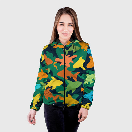 Женская куртка Камуфляж силуэты рыбок / 3D-Черный – фото 4