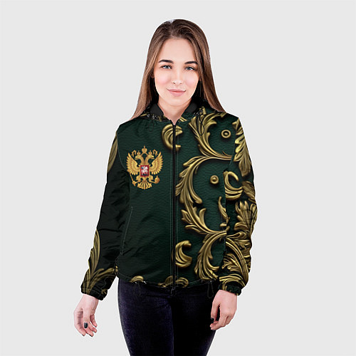 Женская куртка Золотой герб России на темном зеленом фоне лепнина / 3D-Черный – фото 4