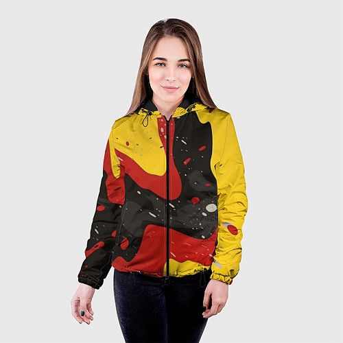 Женская куртка Красные желтые оранжевые пятна краски абстракция / 3D-Черный – фото 4
