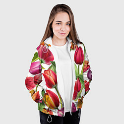 Куртка с капюшоном женская Паттерн с тюльпанами, цвет: 3D-белый — фото 2