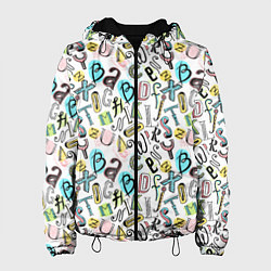 Куртка с капюшоном женская Цветные каракули буквы алфавита, цвет: 3D-черный