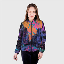 Куртка с капюшоном женская Киберпанк город в стиле комиксов, цвет: 3D-черный — фото 2