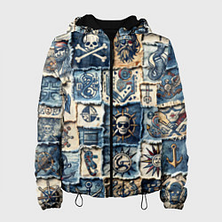 Куртка с капюшоном женская Пираты на пэчворк дениме, цвет: 3D-черный