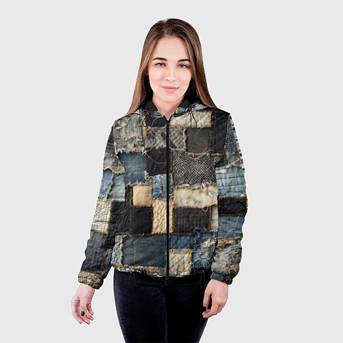 Женская куртка Заплатки пэчворк на джинсе / 3D-Черный – фото 4