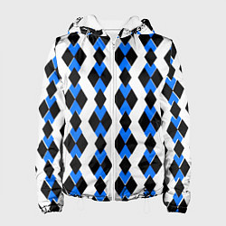 Куртка с капюшоном женская Чёрные и синие ромбы на белом фоне, цвет: 3D-белый