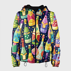 Куртка с капюшоном женская Бутылки шампанского -вино водочный паттерн, цвет: 3D-черный