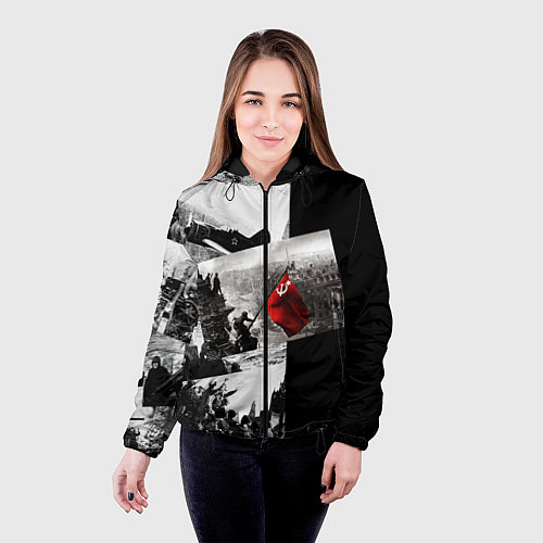 Женская куртка День победы 9 мая коллаж из фронтовых моментов / 3D-Черный – фото 4