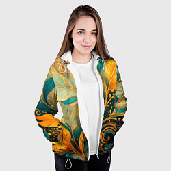 Куртка с капюшоном женская Золотые и бирюзовые листья абстракция, цвет: 3D-белый — фото 2