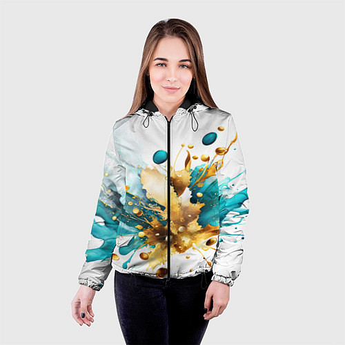 Женская куртка Бирюзово голубая абстракция, брызги краски на бело / 3D-Черный – фото 4