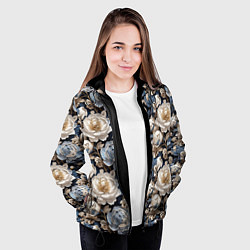 Куртка с капюшоном женская Нежные голубые и белые пионы, цвет: 3D-черный — фото 2