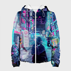 Куртка с капюшоном женская Дождливый неоновый вечер в Японии, цвет: 3D-белый