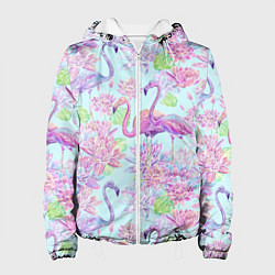 Куртка с капюшоном женская Фламинго и кувшинки батик, цвет: 3D-белый