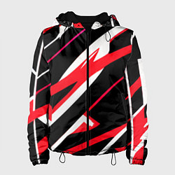 Куртка с капюшоном женская Красно-белые полосы на чёрном фоне, цвет: 3D-черный