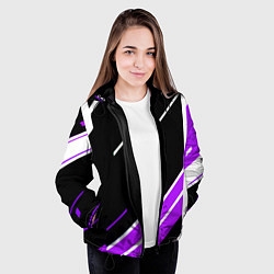 Куртка с капюшоном женская Бело-фиолетовые полосы на чёрном фоне, цвет: 3D-черный — фото 2
