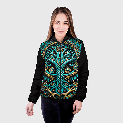 Женская куртка Древо жизни - сакральная славянская символика / 3D-Черный – фото 4