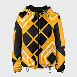 Куртка с капюшоном женская Чёрные квадраты и белые полосы на оранжевом фоне, цвет: 3D-черный