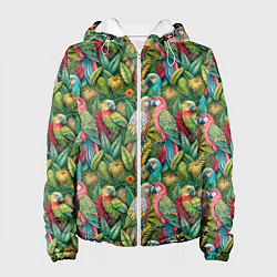 Куртка с капюшоном женская Влюбленные попугаи в листьях, цвет: 3D-белый