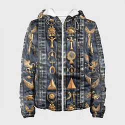 Куртка с капюшоном женская Египетские символы на дениме, цвет: 3D-белый