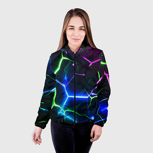 Женская куртка Микс из разломленных плит и неоновое свечения / 3D-Черный – фото 4
