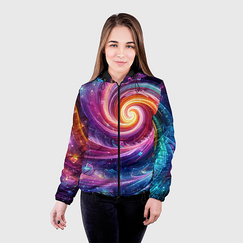 Женская куртка Космическая галактическая спираль - неоновое свече / 3D-Черный – фото 4