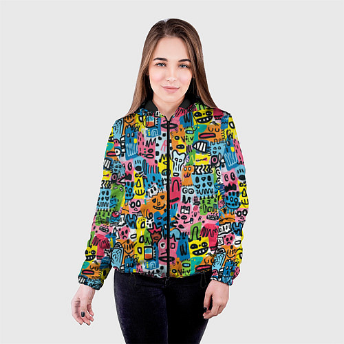 Женская куртка Весёлые лица абстрактные / 3D-Черный – фото 4