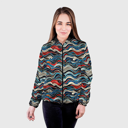 Женская куртка Разноцветные абстрактные волны / 3D-Черный – фото 4