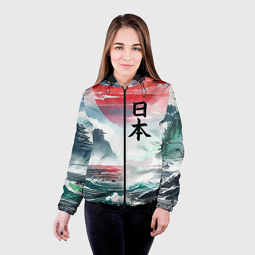 Женская куртка Япония - страна восходящего солнца - акварель / 3D-Черный – фото 4