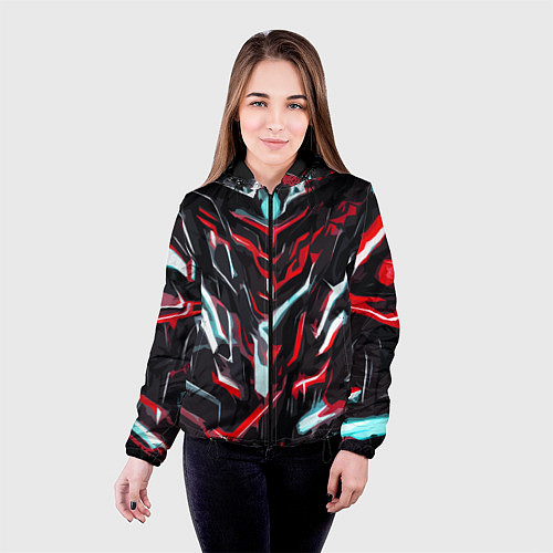 Женская куртка Красно-белые абстрактные линии на чёрном фоне / 3D-Черный – фото 4