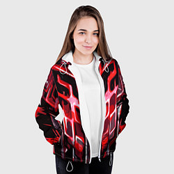 Куртка с капюшоном женская Абстрактные красные линии на чёрном фоне, цвет: 3D-белый — фото 2