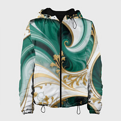 Куртка с капюшоном женская Зеленые волны и золотые веточки, цвет: 3D-черный