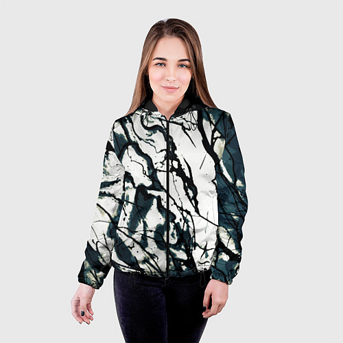 Женская куртка Абстрактная текстура мрамор белый с тёмно-синим / 3D-Черный – фото 4