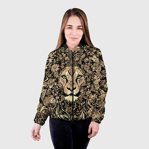 Женская куртка Лев среди узоров из цветов / 3D-Черный – фото 4