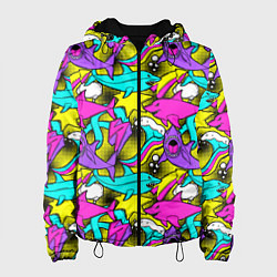 Куртка с капюшоном женская Цветные акулы паттерн, цвет: 3D-черный