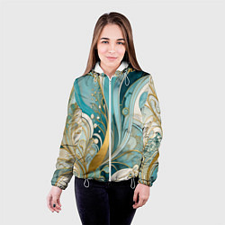 Куртка с капюшоном женская Бирюзовый с белым растительный узор в мягких тонах, цвет: 3D-белый — фото 2