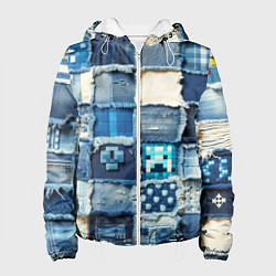 Куртка с капюшоном женская Minecraft на пэчворк дениме, цвет: 3D-белый