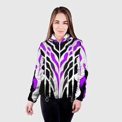 Куртка с капюшоном женская Агрессивные фиолетово-белые полосы на чёрном фоне, цвет: 3D-белый — фото 2