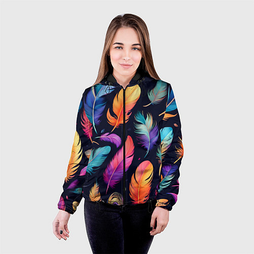 Женская куртка Разноцветные переливающиеся перья / 3D-Черный – фото 4