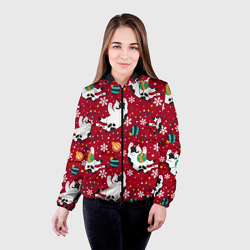 Женская куртка Новогодний паттерн с котиками / 3D-Черный – фото 4