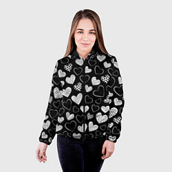 Куртка с капюшоном женская Белые сердечки на черном фоне, цвет: 3D-черный — фото 2