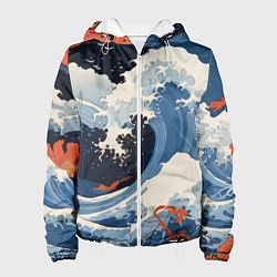 Куртка с капюшоном женская Япония волны алые цветы, цвет: 3D-белый
